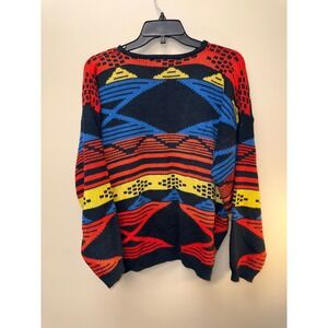 Vintage Nicole Curie Geometric Knit Sweater Mens Medium Black Red Blue Abstract